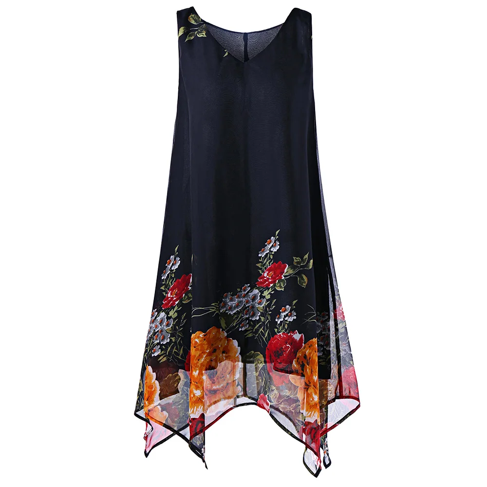  ROSEGAL Plus Size V Neck Floral Handkerchief A-Line Dress Women Dresses Boho Sleeveless Chiffon Dre