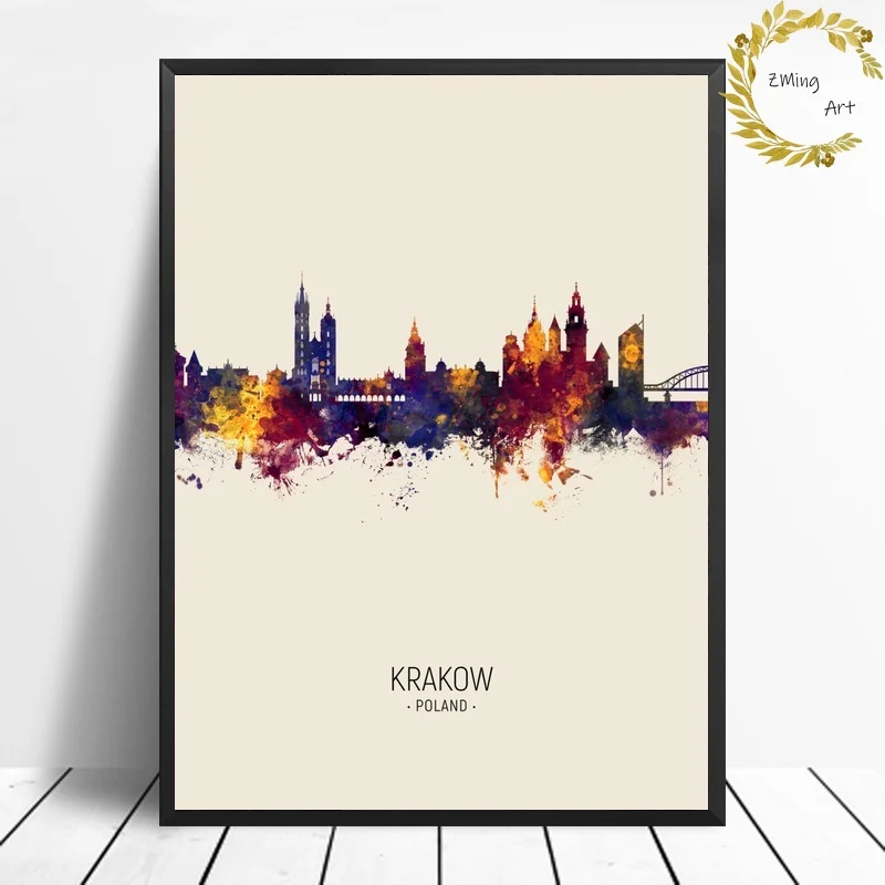 

Warsaw and Krakow Poland Skyline City Map Modern watercolor Canvas Art Print Wall Pictures for Living Room No Frame