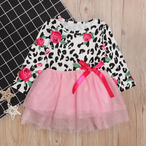

Baby Children Kids Flower Girl Princess Dress Cow Autumn Long Sleeve Cute Round Neck Party Wedding Lace Tulle Tutu Dresses