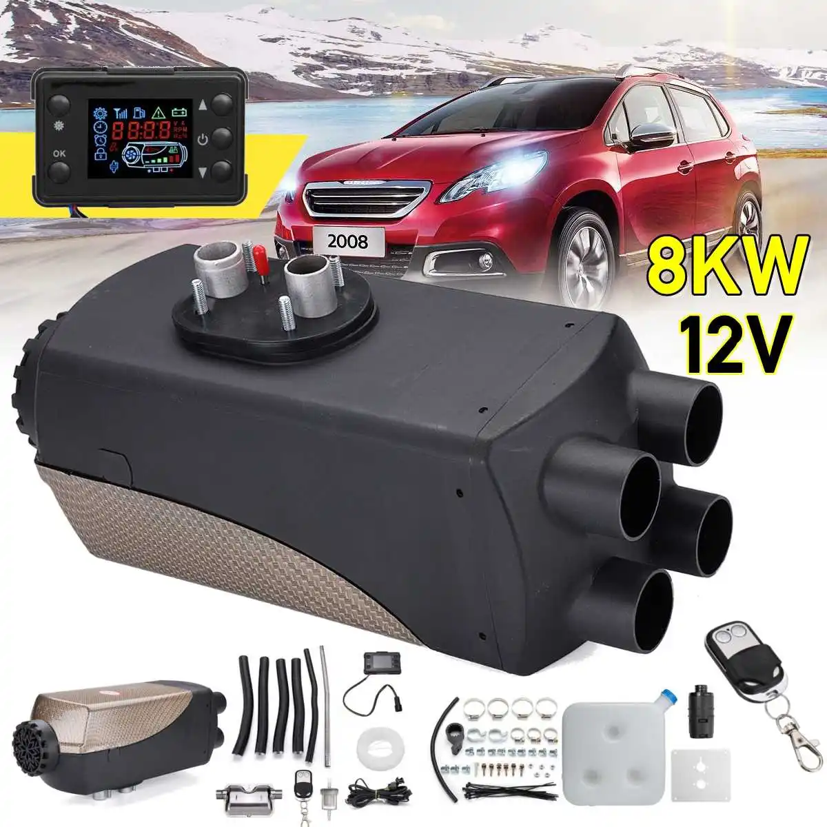 

Car Heater 12V 8KW Parking Air Diesels Heater LCD Monitor 4 Hole with Remote Control + Silencer For Motorhome RV Trucks Bus Boat