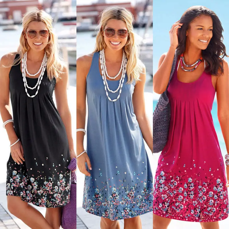 

Women's Vest Dress Summer Casual Loose O-Neck Sleeveless Print Floral Beach Dresses Women Clothing Female Sundress