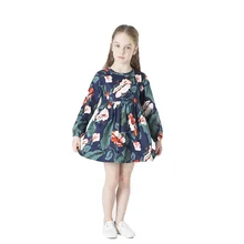 Girls dress long sleeve spring and autumn 2019 new fine twill cotton print flower children's clothing crane and flower print shell dress