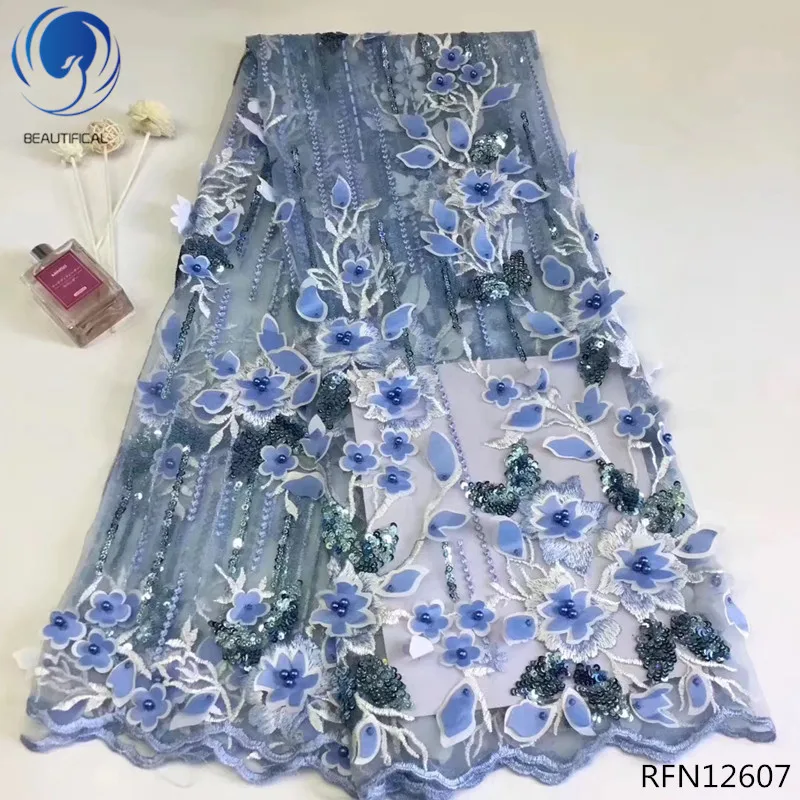 

BEAUTIFICAL negeria french fabrics 3d appliqued tulle lace fabrics with sequins 2019 lace sequin appliqued french fabrics RFN126