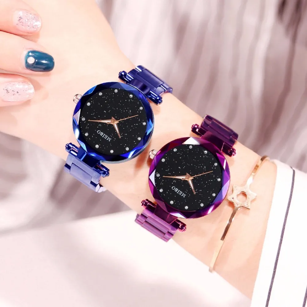 

MEIBO Brand Women Stainless Steel Starry Sky Watch Luxury Ladies Geometric Surface Quartz Watch Relogio Feminino