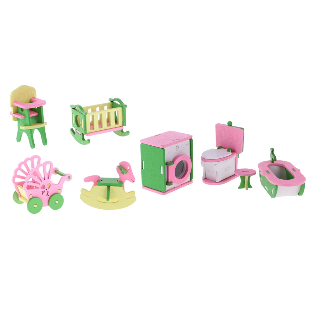

8pcs Dollhouse Baby Room Furniture Accessories Wooden Crib Rocking Horse Toilet Bathtub Set