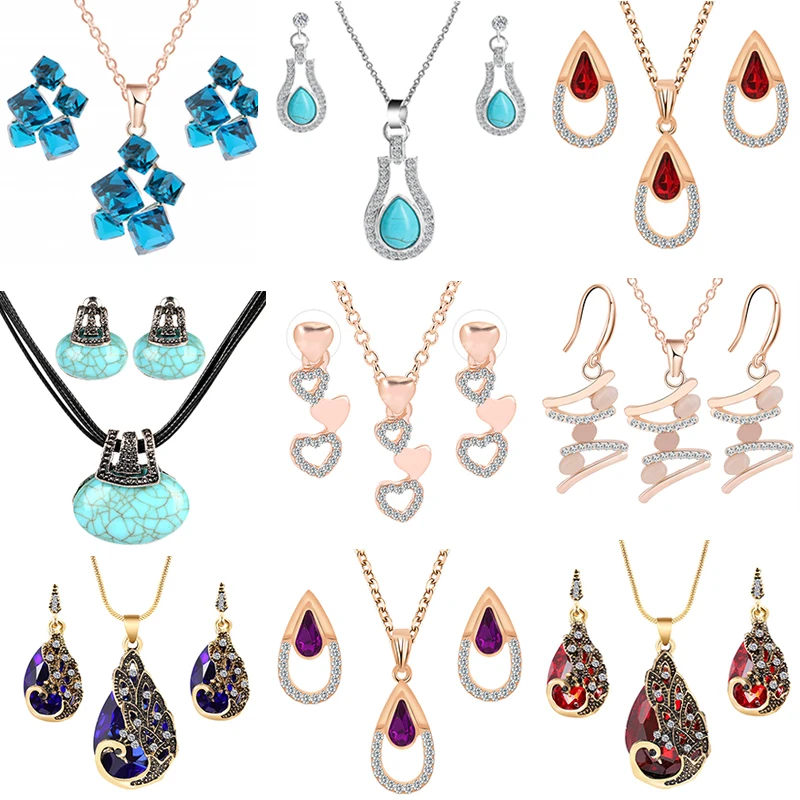 

Jewelry Set for women Crystal Gem Inlay Opal Water drops heart Earrings Necklace Set choker Female Jewelry accessories PH012