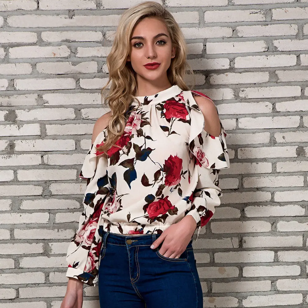 

Summer Womens Casual Tops Sexy Floral Blouse 2018 NEW Long Sleeve Crew Neck Floral Shirt Ladies Top