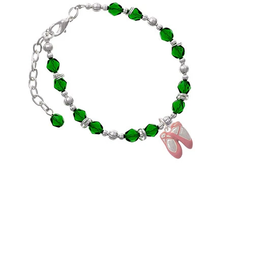 Silvertone Large Pink Ballet Slippers Green Beaded Bracelet |