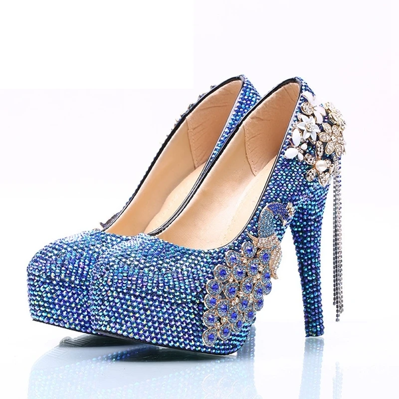 

Fashion Royal Blue Rhinestone Wedding Shoes Phoenix Blue AB Crystal Gorgeous Bridal Dress Shoes Graduate Farewell Ceremony Pumps