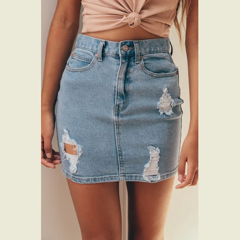 

New Fashion Women's Stretch Denim Mini Skirt Pencil Hole Solid Summer Casual Ladies Skirts Sexy Clothing