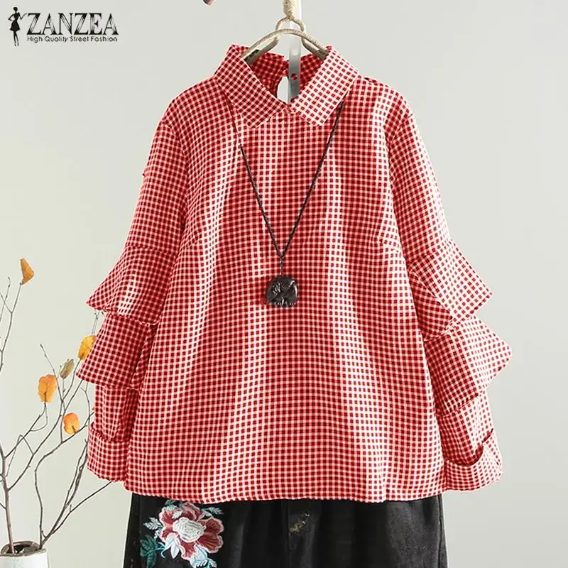 

Plus Size 5XL Women Blouse Plaid Ruffles Long Sleeve Shirts ZANZEA Female Casual Lapel Neck Ladies Back Button Blusas Work Tops
