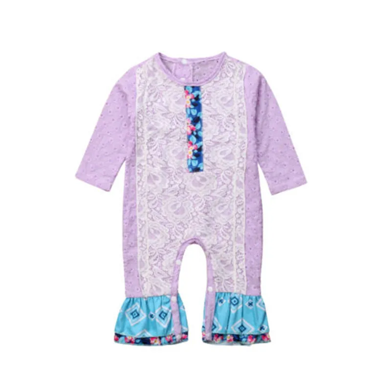 Новый Модная одежда для детей, Детская Мода Ползунки для девочек одежда из бутика новорожденных кружева цветочной вышивкой серый в полоску