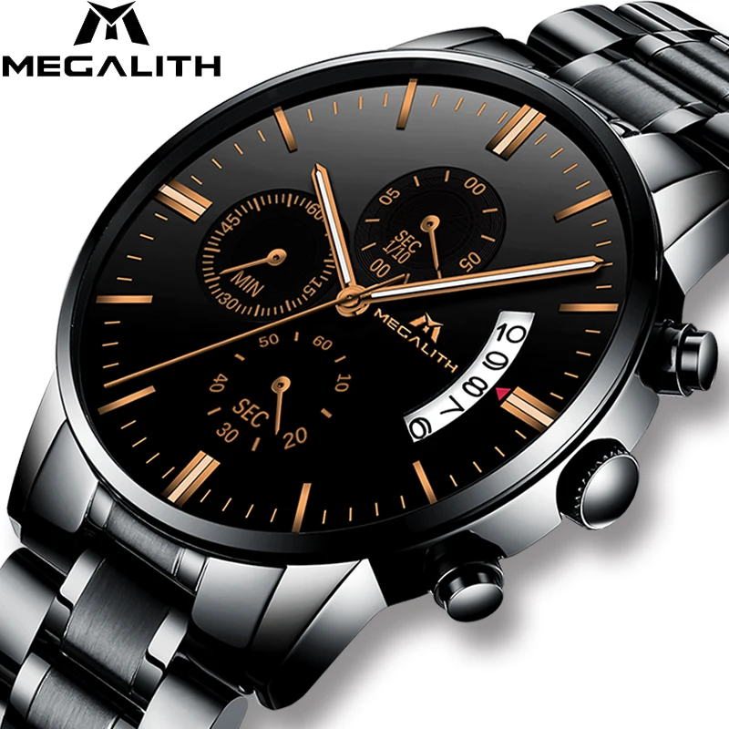 

MEGALITH Mens Watches Top Brand Luxury Waterproof Chronogra Wrist Date Calendar Stainless steel Watch Men Military Sports Clock