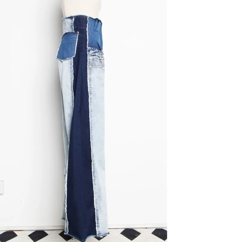 [EAM] 2019 New Spring Summer High Waist Loose Hit Color Denim Pocket Blue Long Wide Leg Jeans Women Trousers Fashion Tide JR841