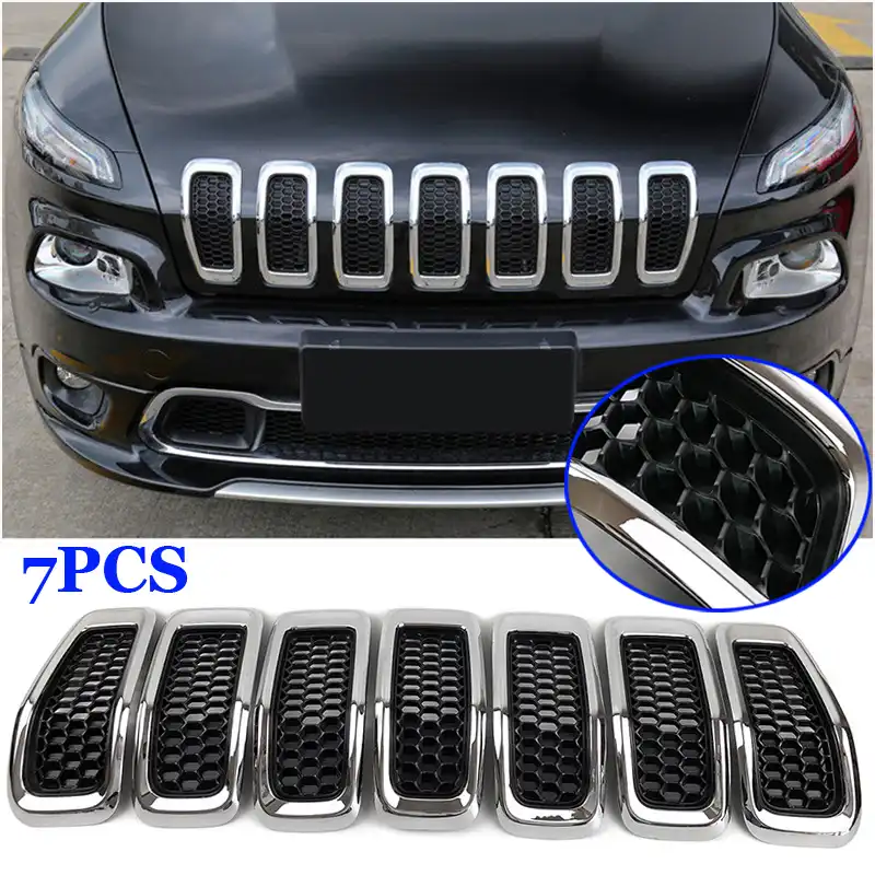 Black Gloss Front Grille Grill Inserts Covers Gloss 7pcs for 2014-2018 Jeep Cherokee