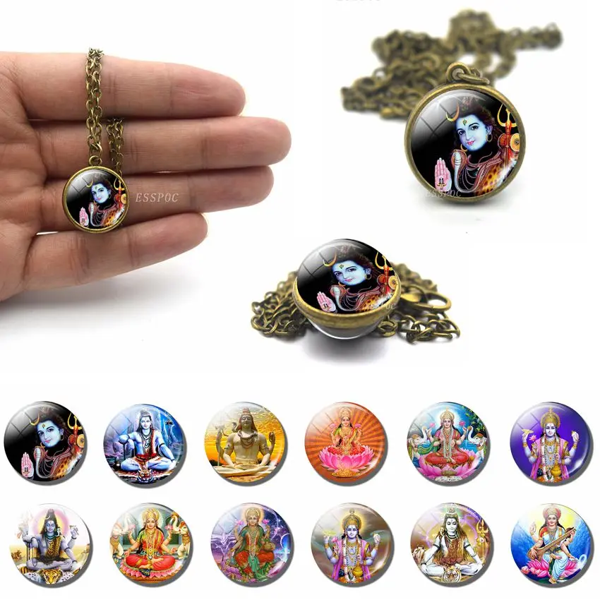 

Lakshmi Goddess God Ganesh Ball Necklace Double Face Glass Cabochon Jewelry Buddha Pendant Religion Amulet Women Gifts