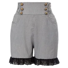 Пляжные летние шорты для отдыха, Женские Ретро винтажные шорты в стиле стимпанк с пуговицами, карманами, цветочными кружевами, шорты для женщин