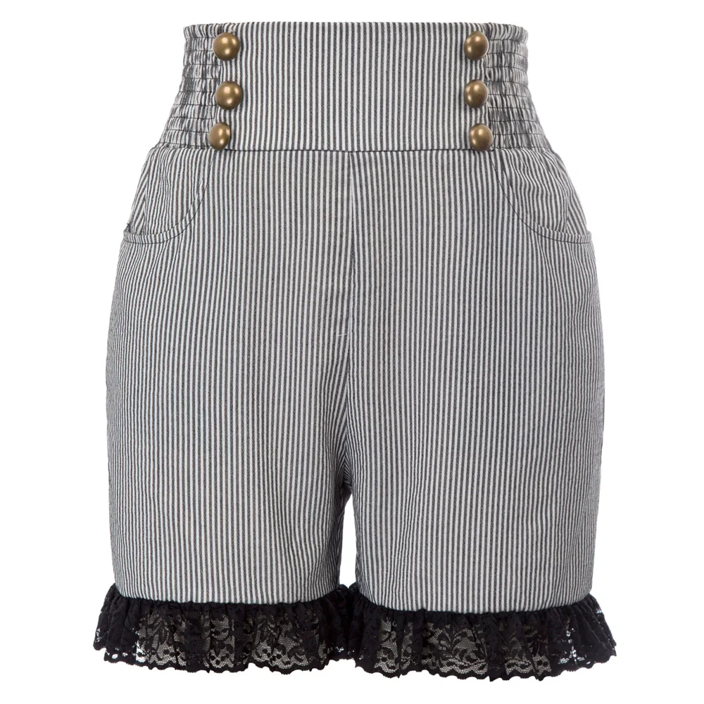 

holiday beach summer shorts Women Retro Vintage Steampunk buttons pockets floral Lace Leg Openings Shorts short femme ladies