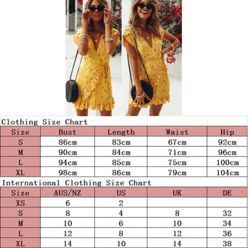 Womens Lady Floral Wrap Dress Ladies Deep V-neck Shortsleeve Waisted Ruffles Dress Beach Party Mini Dress