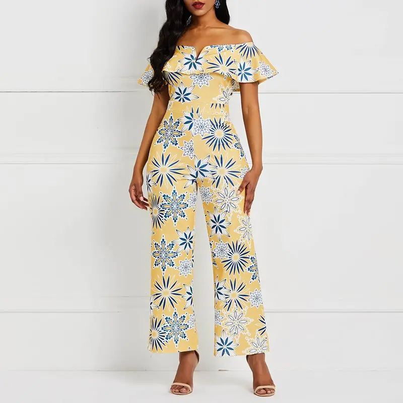 Summer Off Shoulder Casual Long Jumpsuit Women Sexy Backless Ruffle Boho Floral Print African Ladies Holiday Wide Leg Jumpsuits Summer Off Shoulder Casual Long Jumpsuit Women Sexy Backless Ruffle Boho Floral Print African Ladies Holiday Wide Leg Jumpsuits