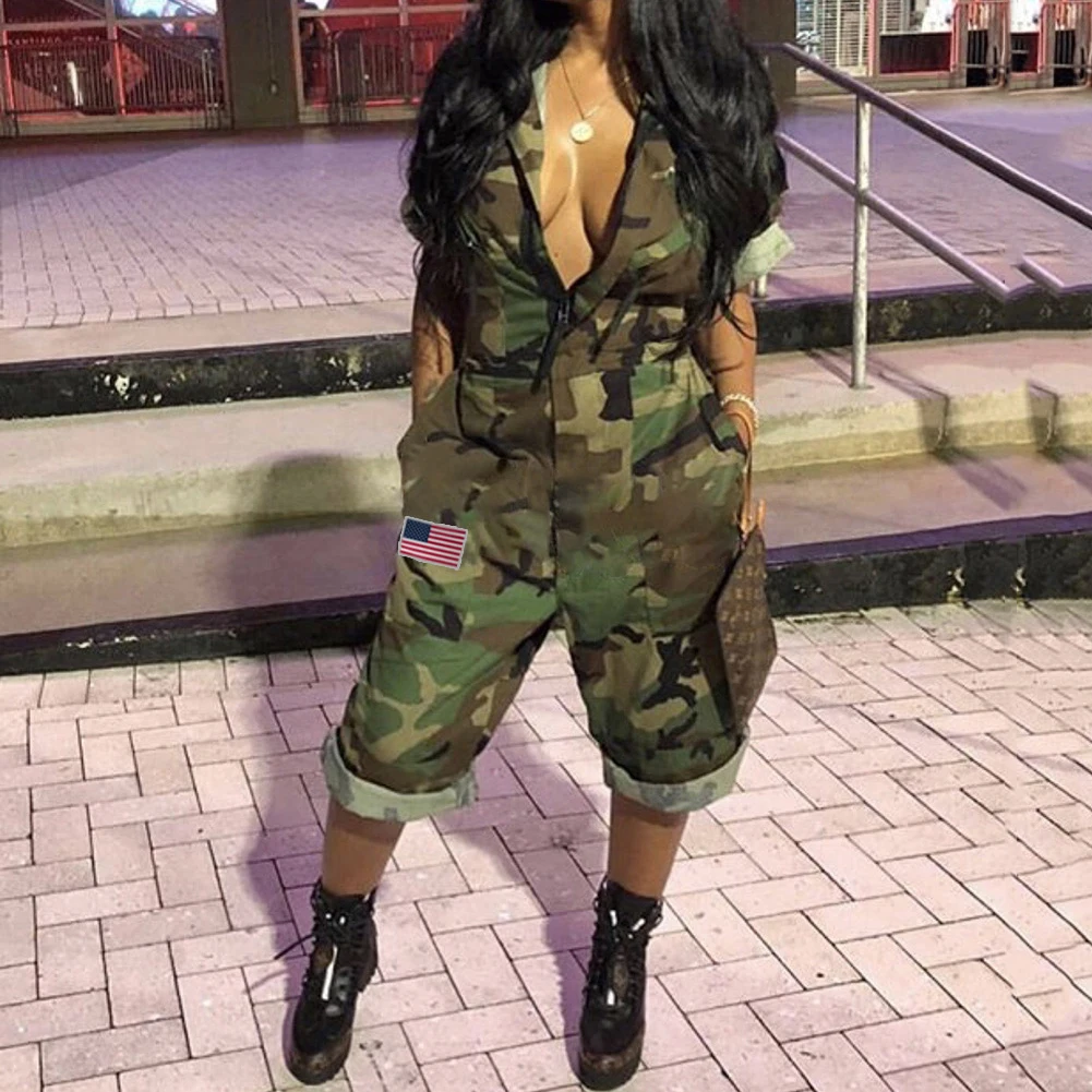 

2019 New Women Casual Camouflage print Jumpsuit Calf Length Rompers Womens Jumpsuit Short Sleeve Pockets Zipper Flag Overalls
