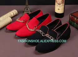 Красные, черные Свадебная вечеринка Туфли под платье с золотыми цепями на плоской подошве официальная Костюмные туфли для мужчин