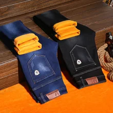 Зимние джинсы, мужские облегающие брюки из плотного бархата, теплые мужские узкие ковбойские классические повседневные джинсовые флисовые брюки синего цвета