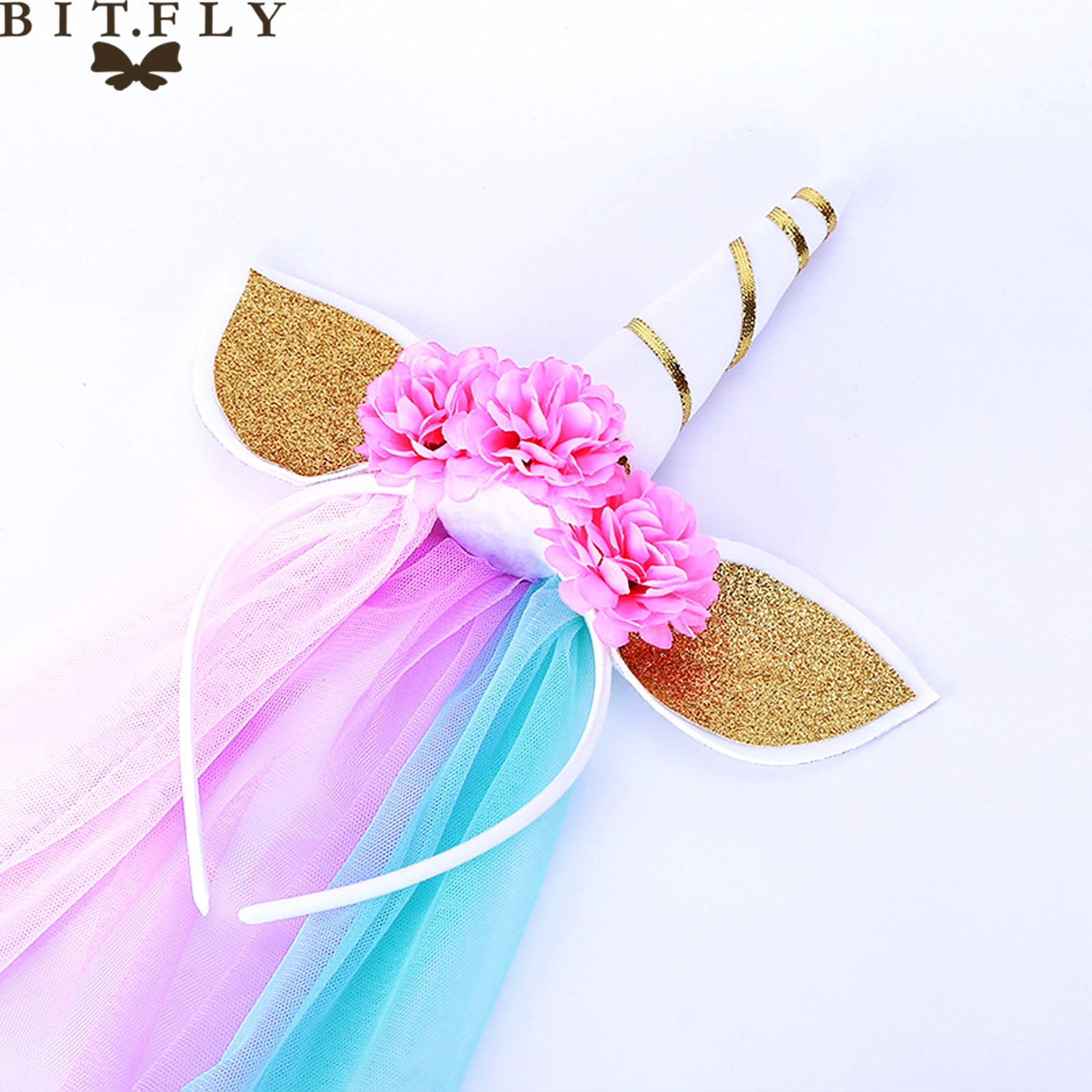 

BIT.FLY New Pink/Blue Unicorn Headband Girls Favor Lace Veil Headwear Birthday Kids Party Unicorn Theme Party DIY Decorations
