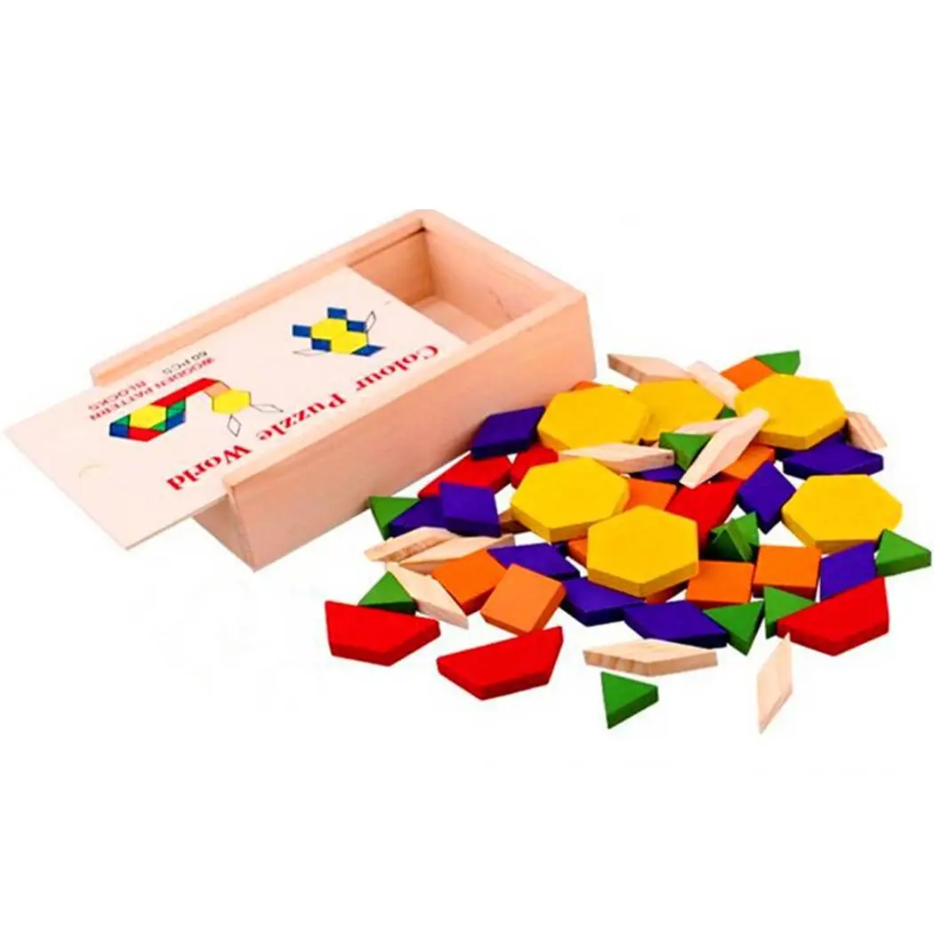 60 Pcs Children Puzzle Multicolor Wood Pattern Blocks DIY Geometric shape Toys 3-6 years Building |