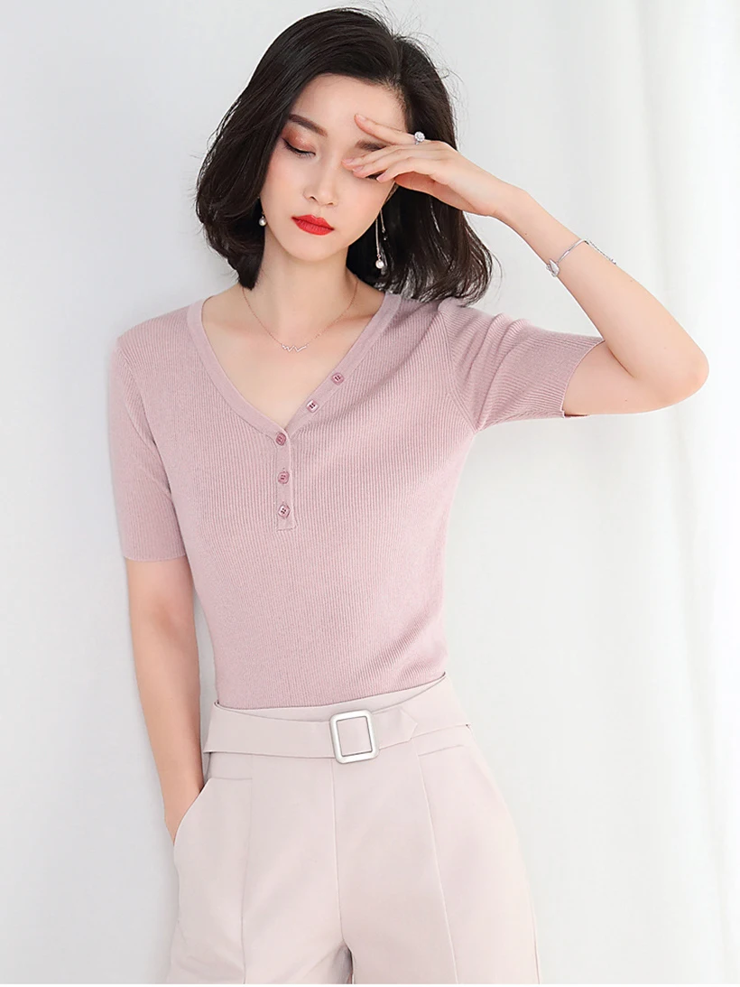 Spring and summer new style Korean women's solid color knitted Chiffon shirt Slim-fit sweater top