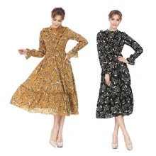 New Style Slim Stand Collar Dress Floral Print Chiffon Dress Long Sleeve Large Swing Ladies Dresses vintage style flower print swing dress