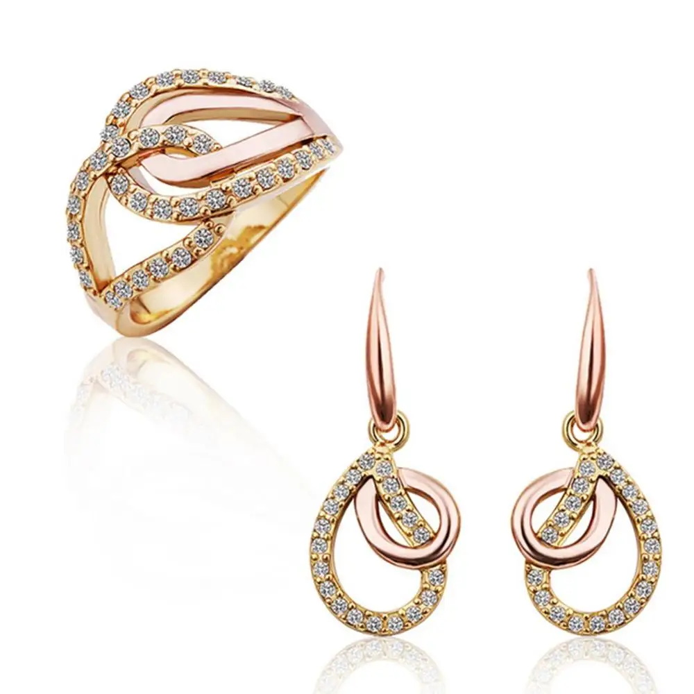

Free Antiallergic Nickle Rose Gold Color Plated Rhinestone Waterdrop Earrings Rings Sets Jewelry KS305 For Women Fashion