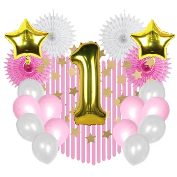 

Boy Girl 1st Birthday Party Decoration Set Gold Foil Balloons Star Garland Latex Ballons Crepe Streamers Paper Fans Baby Shower