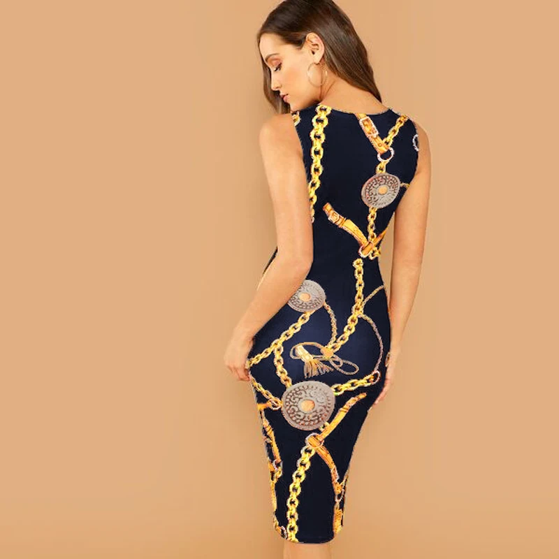 Women Chain Print Bodycon Tank Elegant Bodycon Dress Womens New Spring Sleeveless Midi Dress Office Fashion Dresses