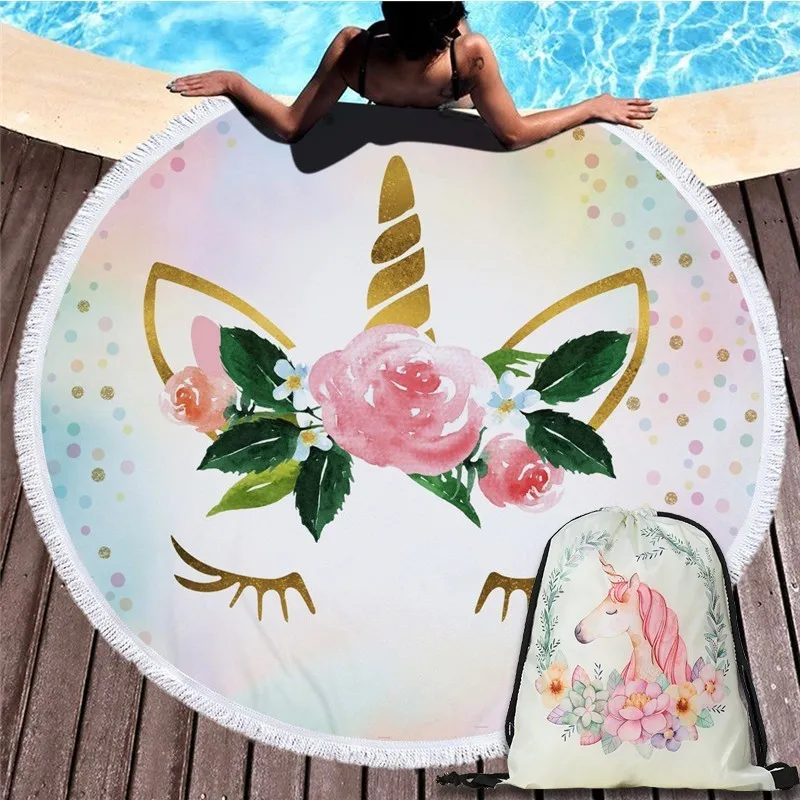 

Summer Beach Towel 450g Microfiber 150cm Round Cartoon Unicorn Bath Towel Sports Travel Business Storage Bag Bundle Pocket