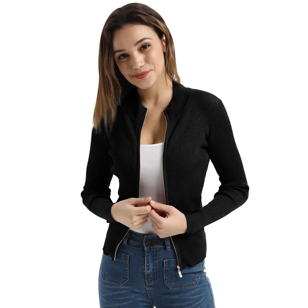 knitting sweater Women Spring Autumn classic Long Sleeve Stand Collar Zip-Up Knitwear Cardigan Coat jacket solid color slim tops