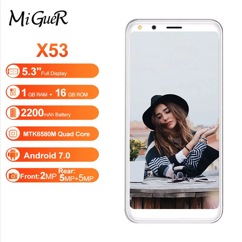 

DOOGEE X53 Android 7.0 MTK6580M Quad Core 5.3"Inch 18:9 Screen 1GB RAM 16GB ROM 5.0MP Dual Rear Cams 2200mAH 3G WCDMA Cellphone