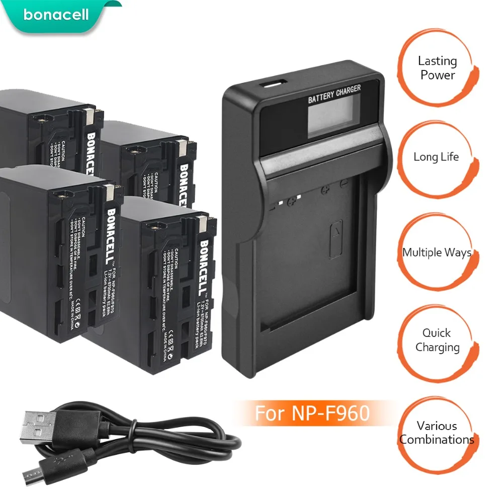 

bonacell 4pcs for Sony NP-F975 NP-F970 NP-F960 8.7Ah Battery + LCD Charger NP-F950 NP-F770 NEX-FS100U NEX-FS700U DCR-SC100