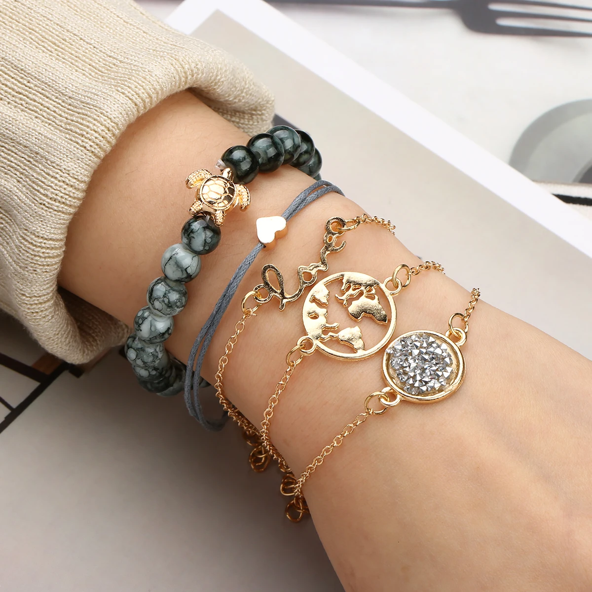 

Sainio Love Heart Sea Turtle Bracelets Bangles Charm Rope Beads Bracelet Sets For Women Bohemian Jewelry Party Gifts 5pcs/set