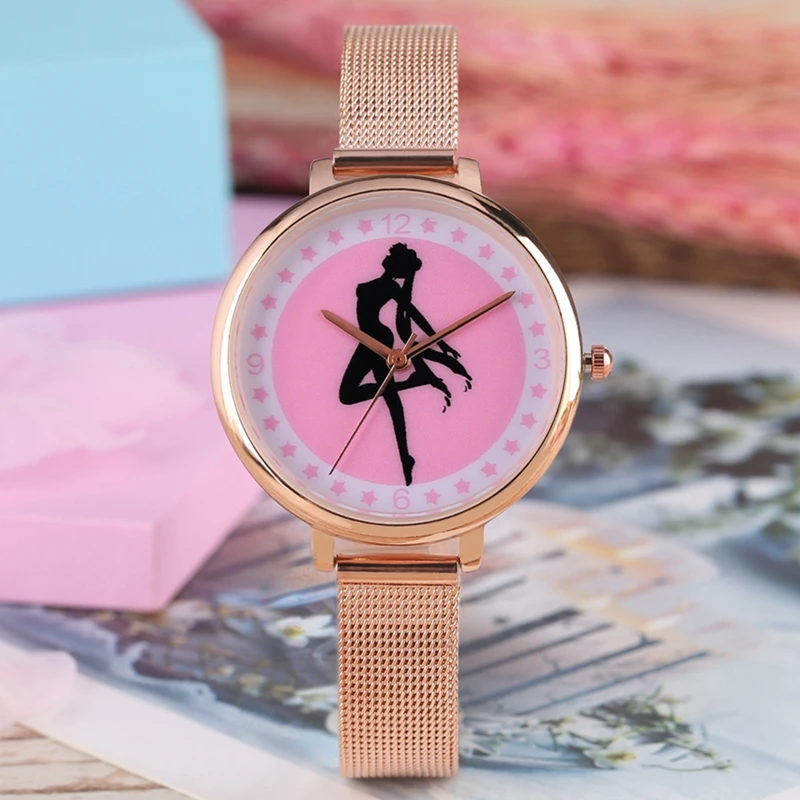 Женские наручные часы Sailor Moon розовые облегающие с пятиконечными звездами и