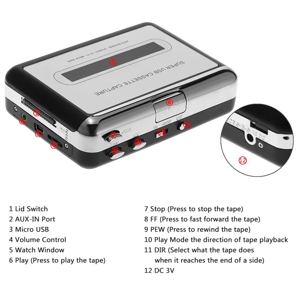 Ezcap USB Cassette Capture Audio Music Player Cassette Tape to MP3 Converter Convert into Computer Stereo HiFi Sound Mega Bass