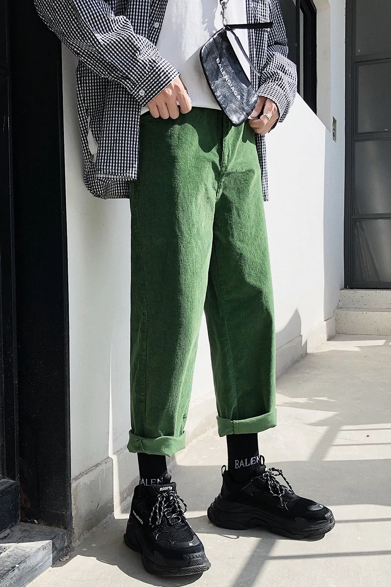 2018 Fashion Men's Casual Pants Autumn And Winter New Korean Version Of The Trousers Trend Loose Nine Pants Youth Corduroy Green