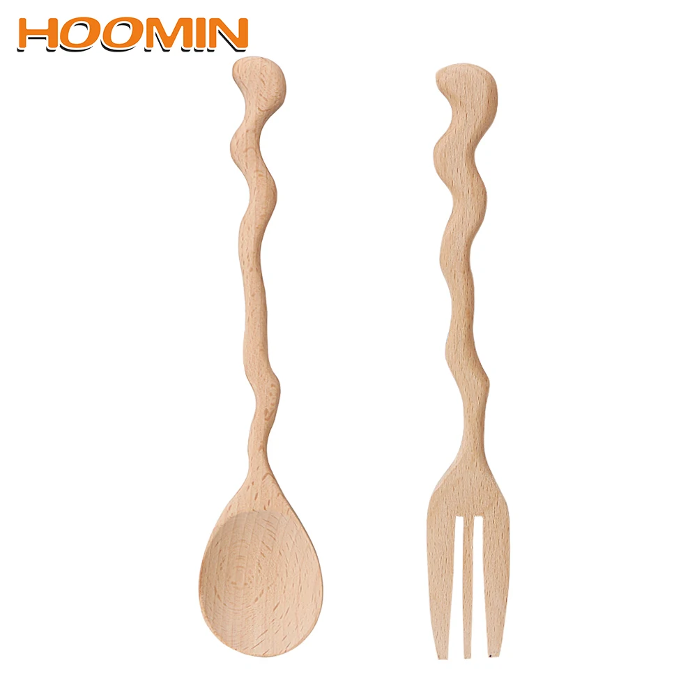 

HOOMIN Creative Wooden Spoon Fork Long Handle Tableware Soup Catering Dining Spoon Forks Kitchen Cooking Utensil Tool