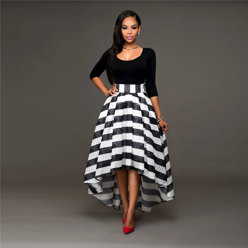 

2018 New Fashion Women Summer Long sleeve shirt and Black White Stripes Sexy Long Maxi Pleated Skirts