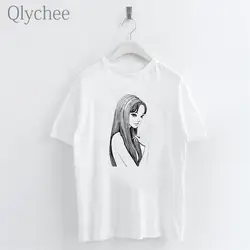 Qlychee Harajuku Dark аниме девушка Томи принт Женская белая футболка вырез лодочкой с коротким рукавом футболки женские Простые повседневные топы