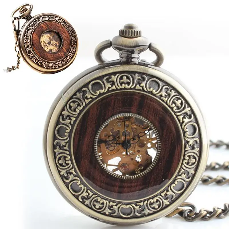 

AUGKUN 1PC Wooden Men Pocket Watch Cool Luxury Lover Gift Chain Manipulator Wrap Bronze Watch Steampunk Watch