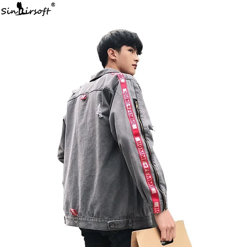 

Men's Denim High Street Hole Jacket Striped Hip Hop Jeans Coat Male Cowboy Loose Trousers Chains Sleeve 2019 Fashion