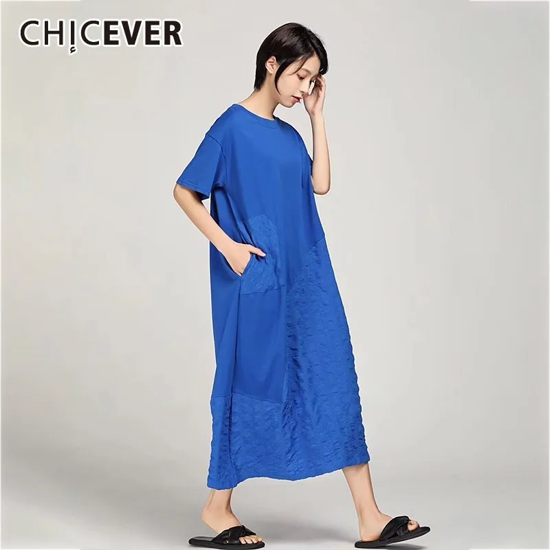 

CHICEVRER Spring Casual Solid Women Dress O Neck Short Sleeve Pockets Loose Oversize Pleated Hem Mid-calf Female Dresses 2019