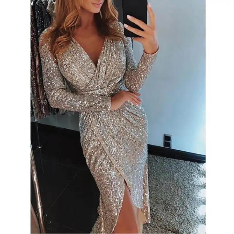 

Gold Sequin Dresses Women 2018 Autumn Deep V Neck Sexy Dress Club Wear Midi Dresses Long Sleeve Party Night Vestidos SJ1130C