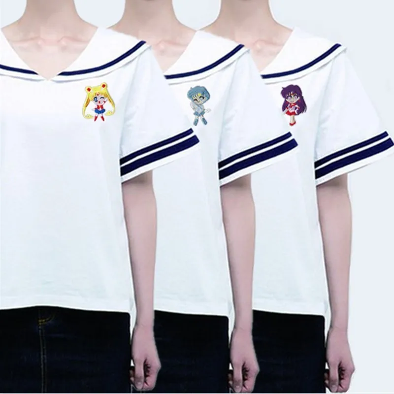

2019 Summer Harajuku T-shirts Women Sailor Moon Embroidered Sailor Collar T Shirt Female Kawaii Navy Neck Short Sleeves Tops